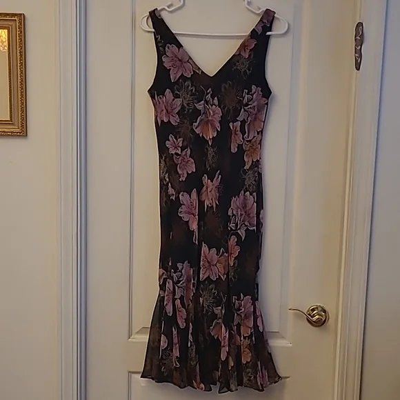 EUC 1990s VTG  Scarlett Black with Pink Floral Print Slip Dress with Flowing Hem - Picture 5 of 16